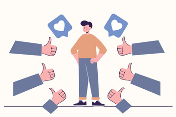 Man surrounded by thumbs up and likes, symbolizing success and social media approval