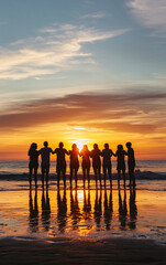 group of people at sunset enjoying success