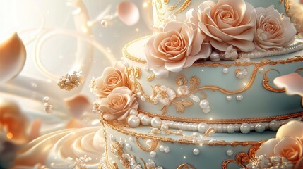Fototapeta premium A beautifully designed two-tier engagement cake with elegant floral decorations, soft pastel colors, and intricate gold detailing. The cake is adorned with delicate sugar roses, pearls, and a subtle s