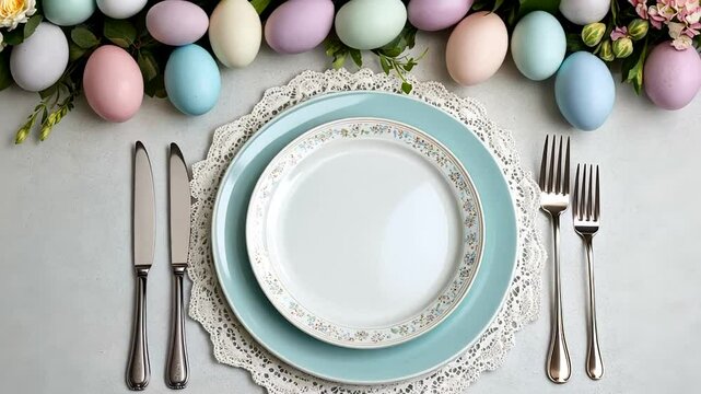 Elegant Easter table setting with pastel eggs, perfect for spring celebrations, holiday decor, and festive dining atmosphere