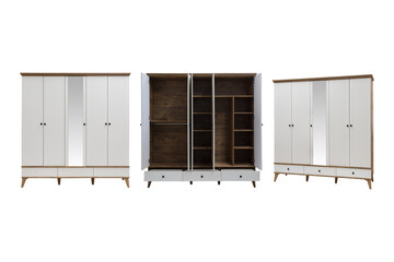 Modern Wooden Wardrobe Collection with Two-Tone Design - White and Natural Oak Bedroom Armoires with Open Shelving and Closed Cabinet Storage for Contemporary Homes
