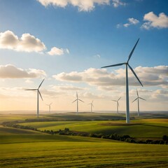 Wind turbines generating clean energy in green field at sunset