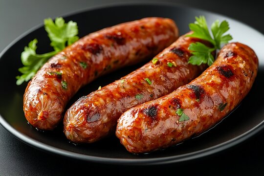 Delicious Grilled Sausages with Parsley Garnish Close Up Food Photography