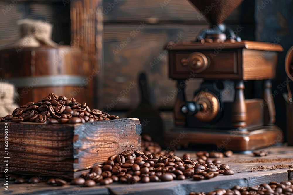 Poster discover rich aromas with freshly ground coffee beans and vintage grinders on a rustic wooden table 