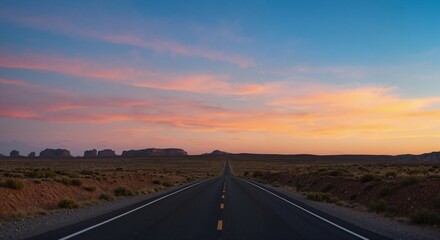 Endless Desert Highway Under a Twilight Sky with Vanishing Perspective