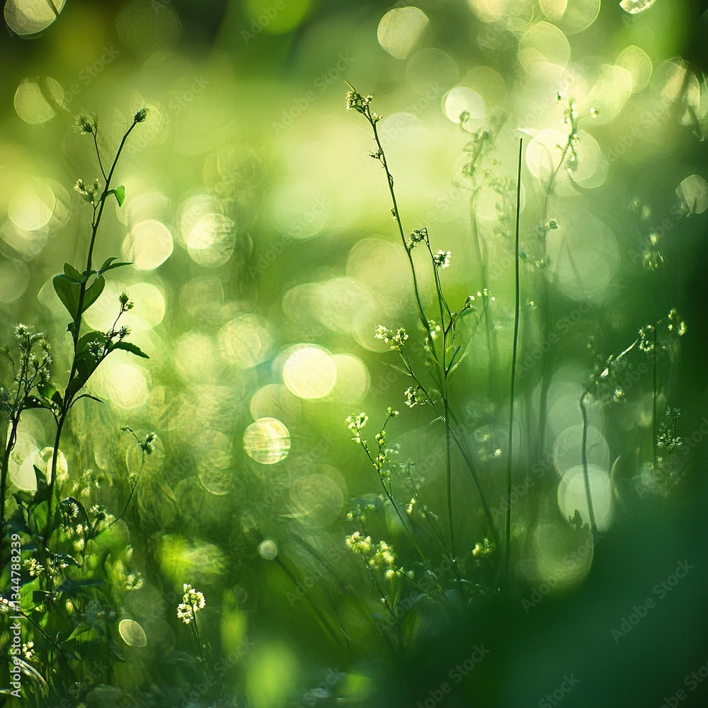 Aufkleber lush green spring background with soft bokeh effect and light flare