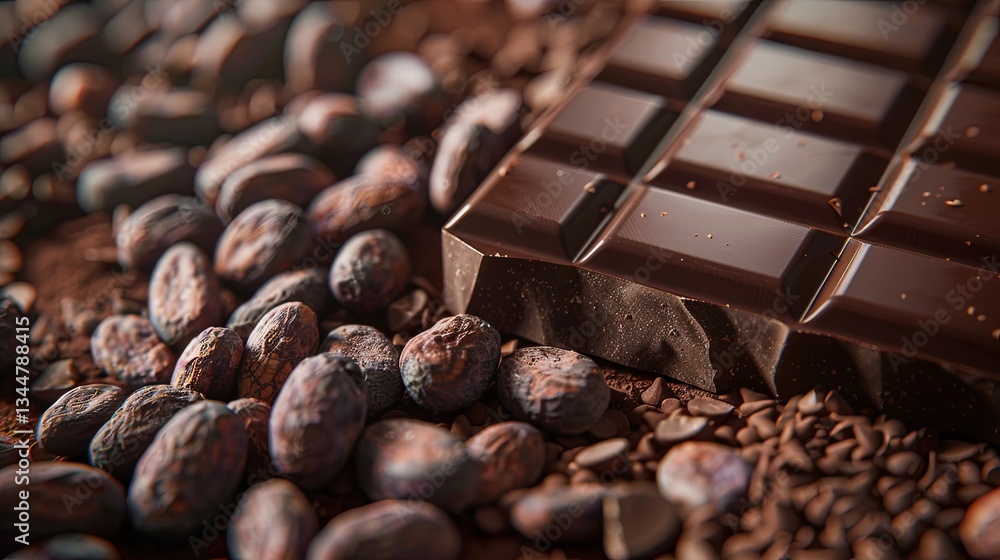 Poster Cocoa beans and dark chocolate bar capture rich textures and earthy tones in a close-up display of natural ingredients Generative AI