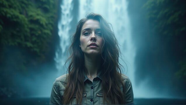A woman stands before a stunning waterfall, with water cascading in the background. Her serene expression and natural beauty complement the majestic scene. Generative, AI,