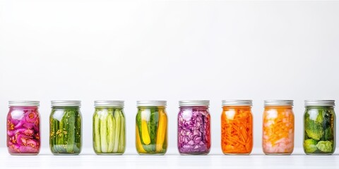food preservation design, a simple and clean design with a close-up of colorful pickled vegetables in glass jars, aligned on one side, against a soft pastel background for promotional text