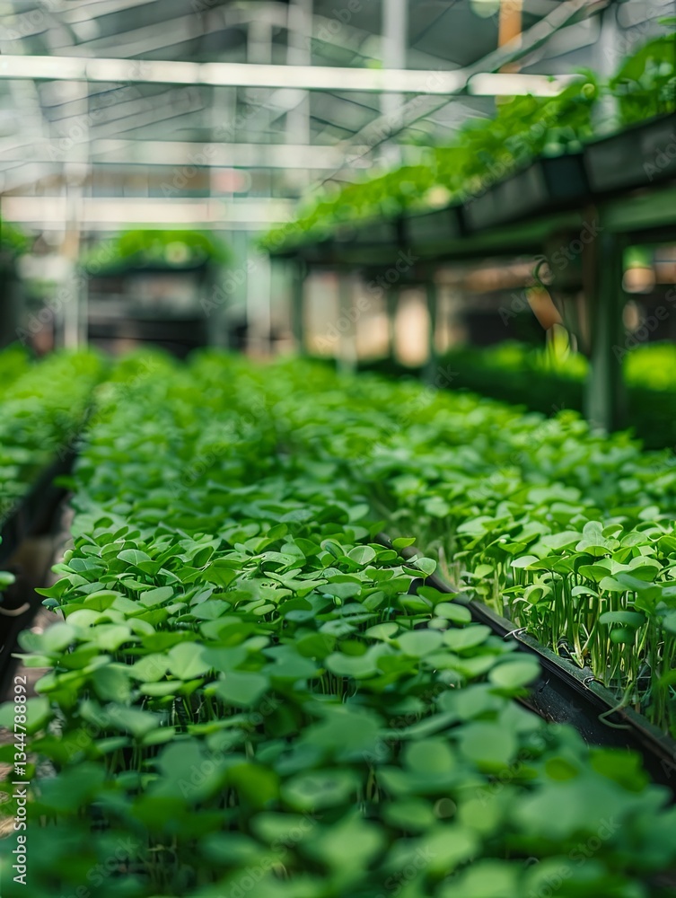 Poster rows of microgreens thrive under a drip irrigation system in a well-maintained greenhouse environmen