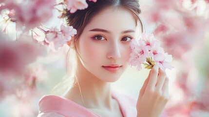 Fototapeta premium Young woman in pink kimono holding cherry blossom under canopy