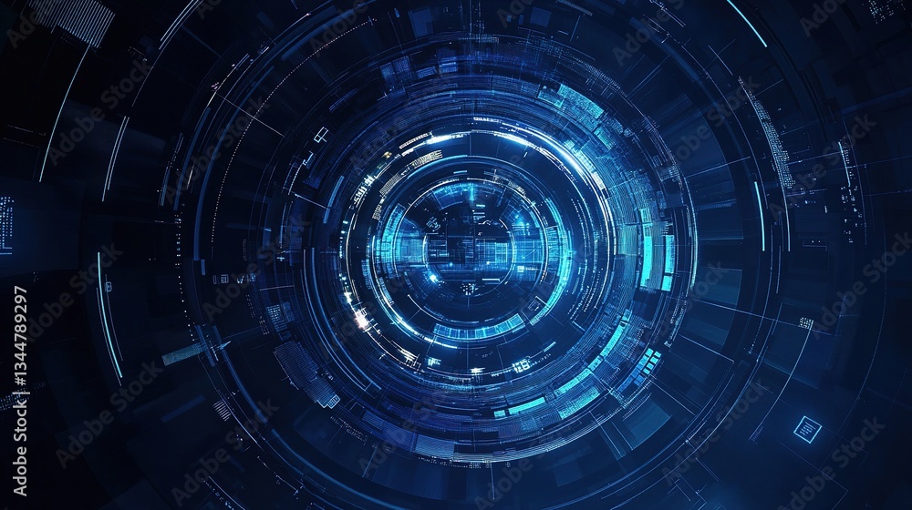 Poster futuristic circular interface with digital elements and glow effects