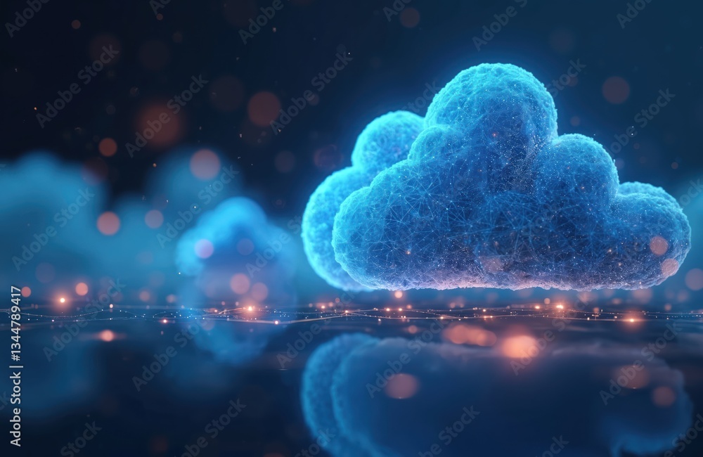 Poster cloud computing concept with digital data transferring on internet. futuristic tech visualization of