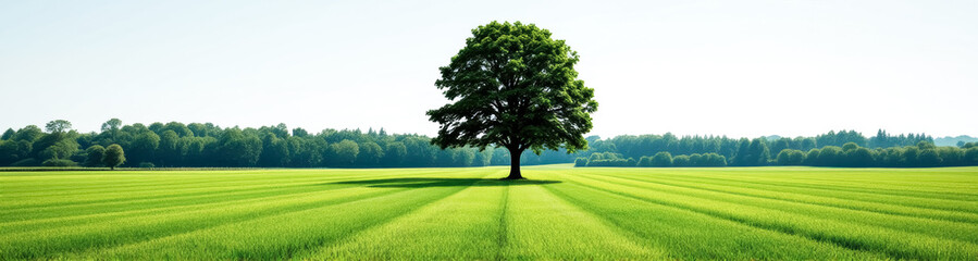 Fototapeta premium solitary deciduous tree stands in a vibrant green field