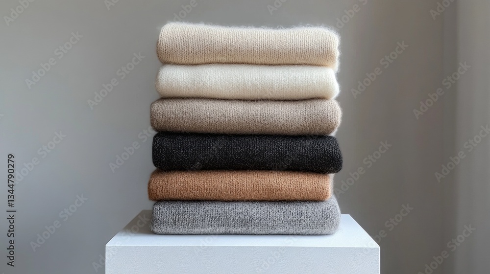 Poster softly colored knitted sweaters are neatly piled on a pedestal in a minimalist indoor space. the inv