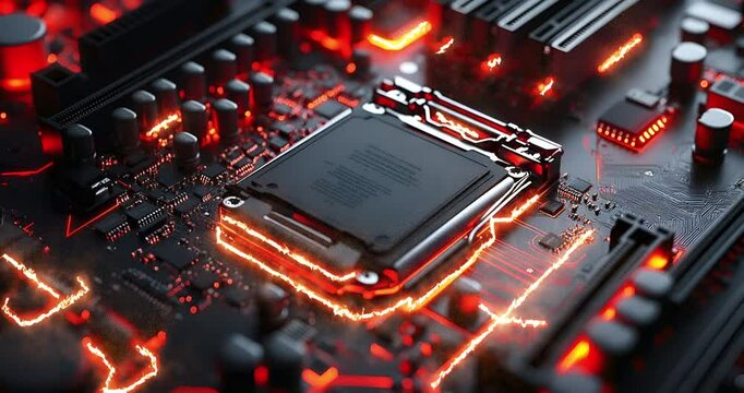 Abstract motherboard with CPU and radio parts. Luminous signals going through the conductors.