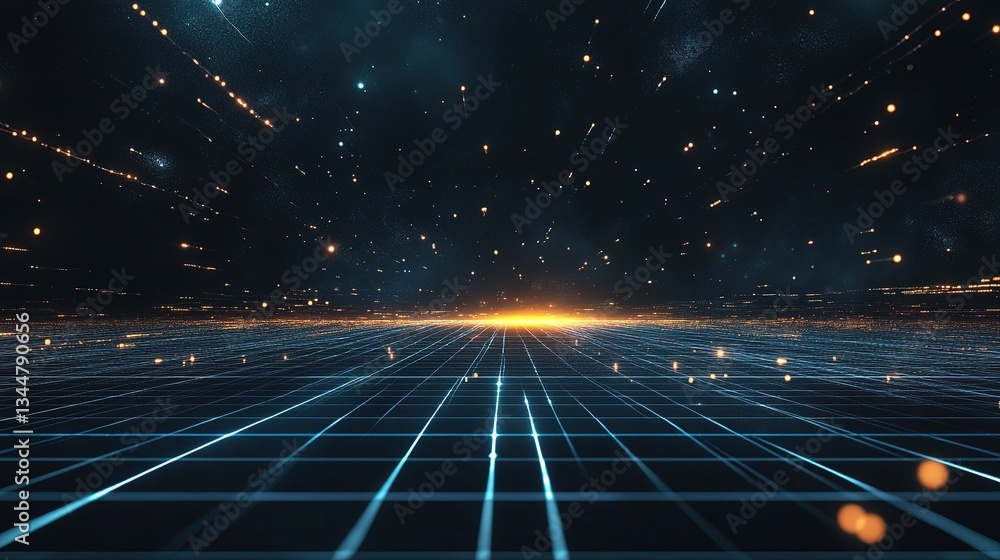 Poster futuristic dark space with luminous grid lines and cosmic elements