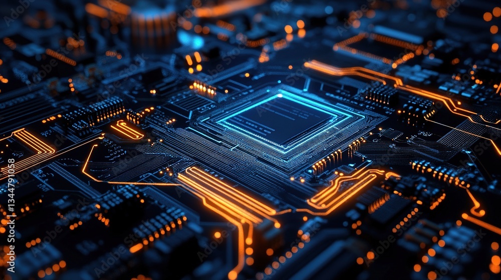 Poster detailed close-up of computer motherboard with digital circuit patterns