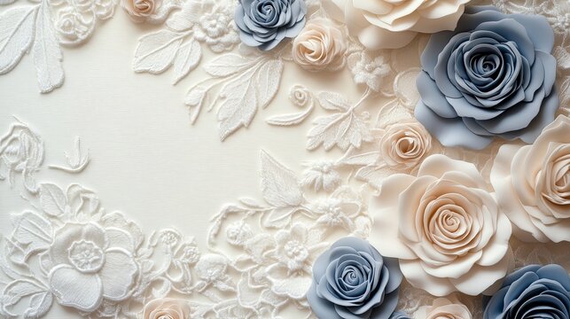 A classic and elegant gender reveal invitation with a light parchment-textured background. Soft white lace patterns frame the top, while pastel pink and blue roses decorate the corners, leaving a spac - Powered by Adobe