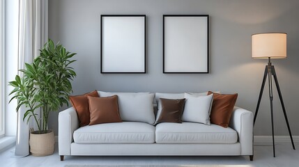Fototapeta premium Living Room Interior with Modern Sofa, Frames, Plant and Lamp
