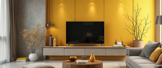 contemporary living room with flat-screen tv and mustard yellow accent wall