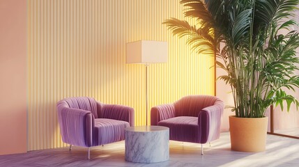 Elegant Interior Scene with Armchairs, Table and Plant in Sunlight