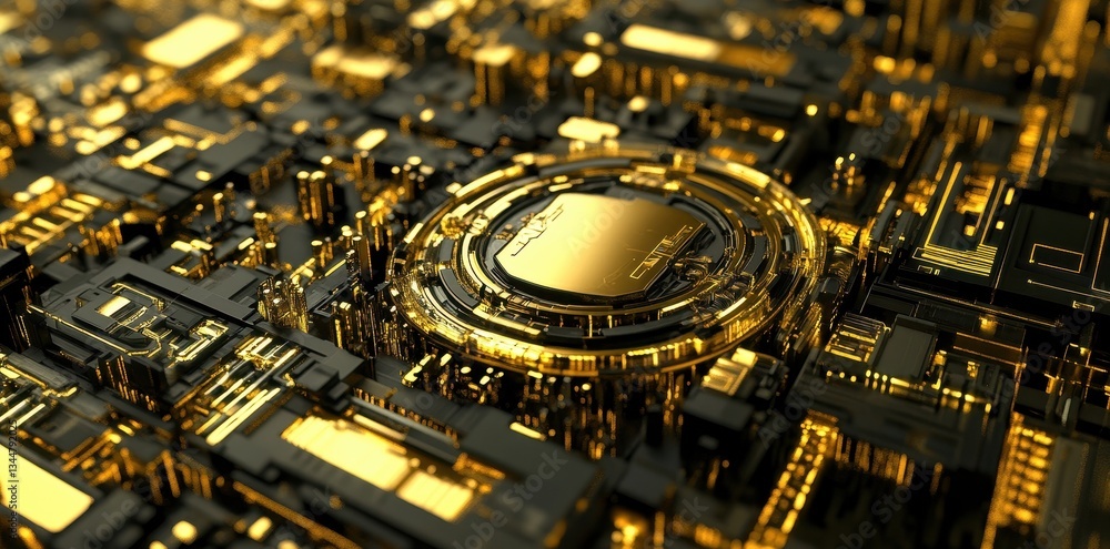 Poster detailed image showing a golden and black computer circuit board