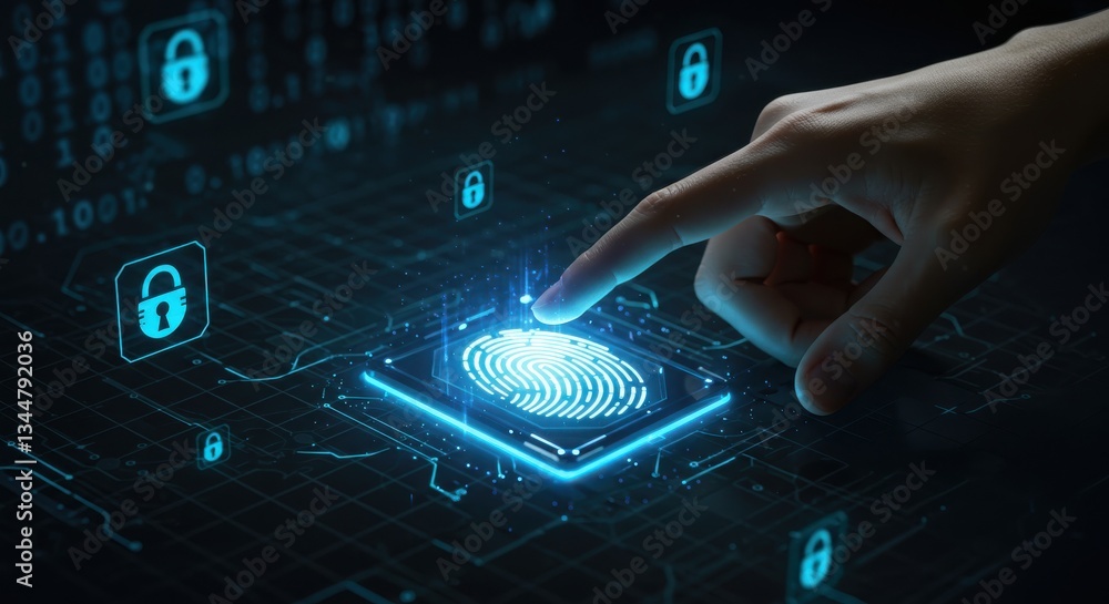 Poster cybersecurity concept with fingerprint authentication on futuristic digital network, data protection