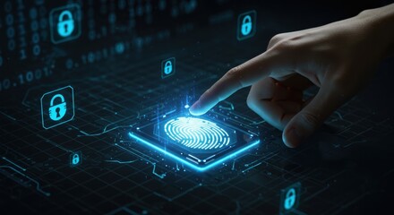 Cybersecurity concept with fingerprint authentication on futuristic digital network, data protection, identity verification, access control, encryption, technology security, cyber defense