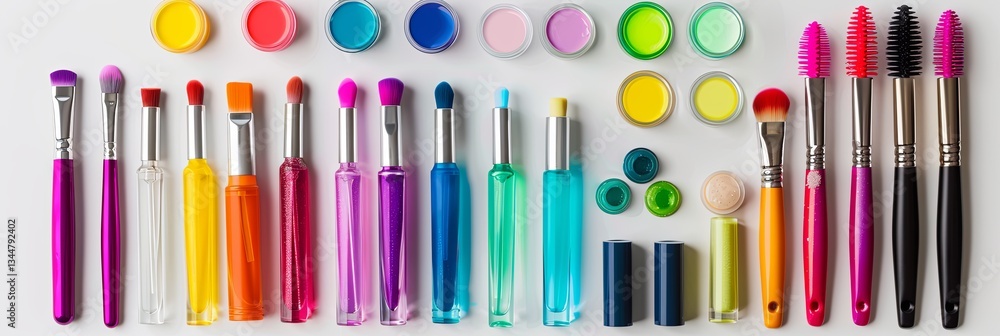 Poster colorful nail polishes and manicure tools neatly arranged on a light background for an inviting beau