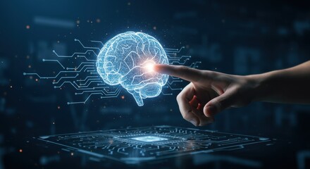 Artificial intelligence brain concept with futuristic digital interface, AI-powered machine learning, cognitive computing, neural network, technology advancement, smart innovation