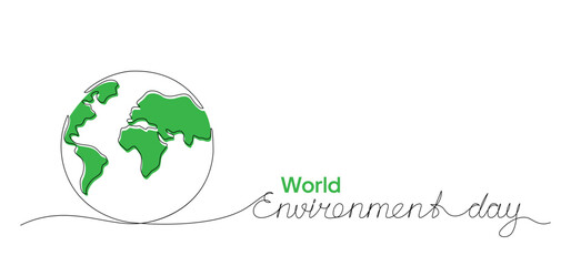 Vector illustration of one line drawing of planet Earth and World Environment Day handwritten text