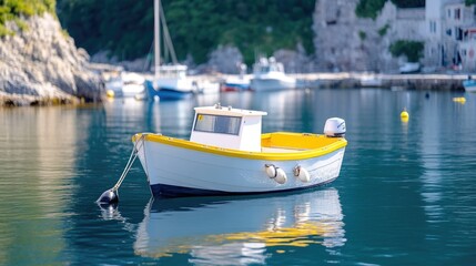 Small boat in calm water, village backdrop