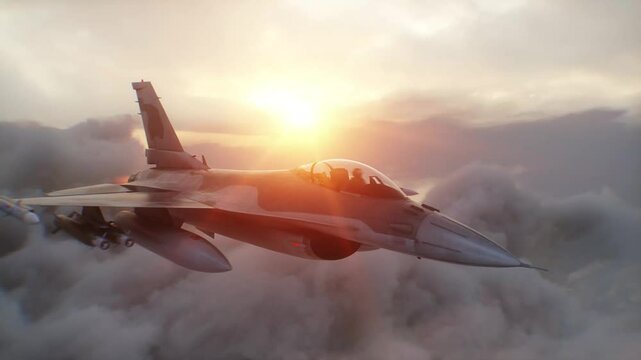 Military fighter jet F-16 flying over clouds. Air force.