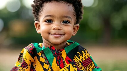 Smiling African American boy in traditional attire outdoors, celebrating cultural heritage, diversity, and joyful family moments