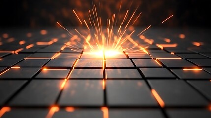 Welding sparks on dark metal squares for construction