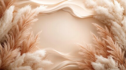 A bohemian-style gender reveal invitation with soft beige, white, and dusty pink pampas grass framing the edges. Delicate golden leaves and a warm cream-colored background create a cozy and elegant de