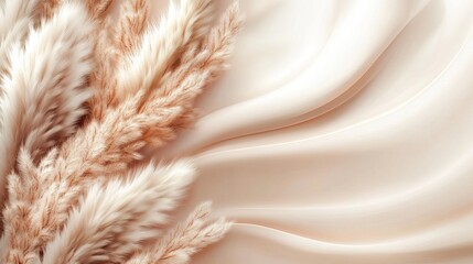 A bohemian-style gender reveal invitation with soft beige, white, and dusty pink pampas grass framing the edges. Delicate golden leaves and a warm cream-colored background create a cozy and elegant de