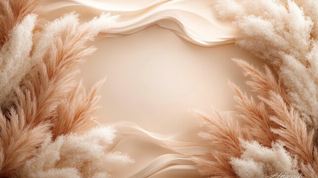 A bohemian-style gender reveal invitation with soft beige, white, and dusty pink pampas grass framing the edges. Delicate golden leaves and a warm cream-colored background create a cozy and elegant de