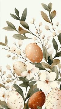 easter eggs and flowers in vintage style drawing against white background