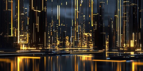 Illuminated golden lines create a futuristic cityscape at night time