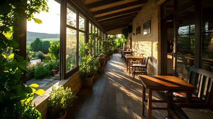 Fototapeta premium Rustic Outdoor Terrace Restaurant With Sunlight Through Windows And Green Plants In Pots