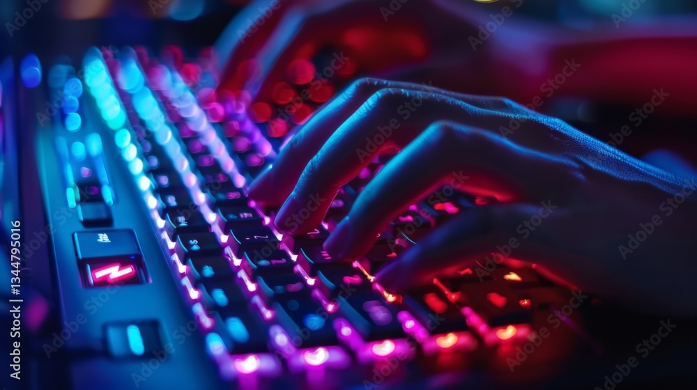 Poster dynamic hands typing on a backlit keyboard in a vibrant cyber environment at night