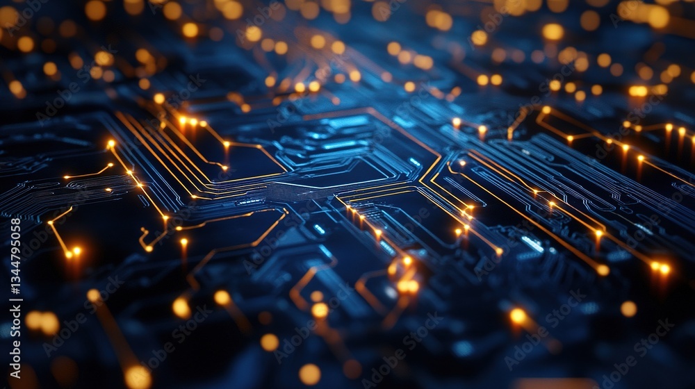 Poster glowing circuit board lines in dark background with electric elements