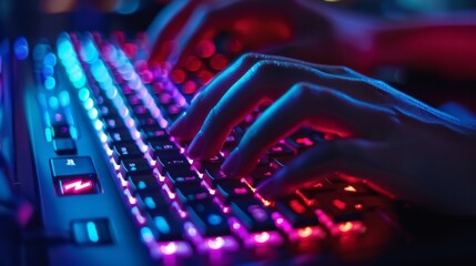 Dynamic hands typing on a backlit keyboard in a vibrant cyber environment at night