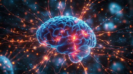 3D illustration of a human brain with neural pathways, glowing and active.