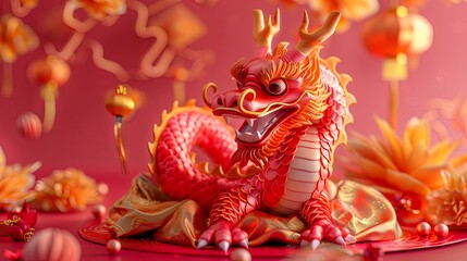 Fototapeta premium Vibrant 3D dragon celebrating Chinese New Year with fortune bag and gold on festive pink mat for the Year of the Dragon Generative AI