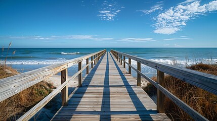Obraz premium Coastal boardwalk jogging with ocean waves in the distance clear blue sky and spacious copy area