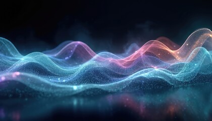 Abstract gradient background of flowing dotted wave lines. Pink, blue, violet, aquamarine dots on dark background create elegant curves. Smooth moving transparent virtual silk wave illustration.