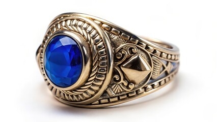 Blue Gemstone Gold Ring on White Background